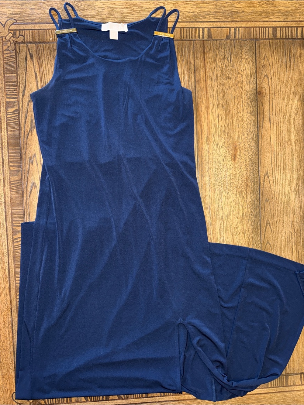 Michael Kors Navy Blue Maxi Dress with Double Straps-Gold Hardware-Side Slit